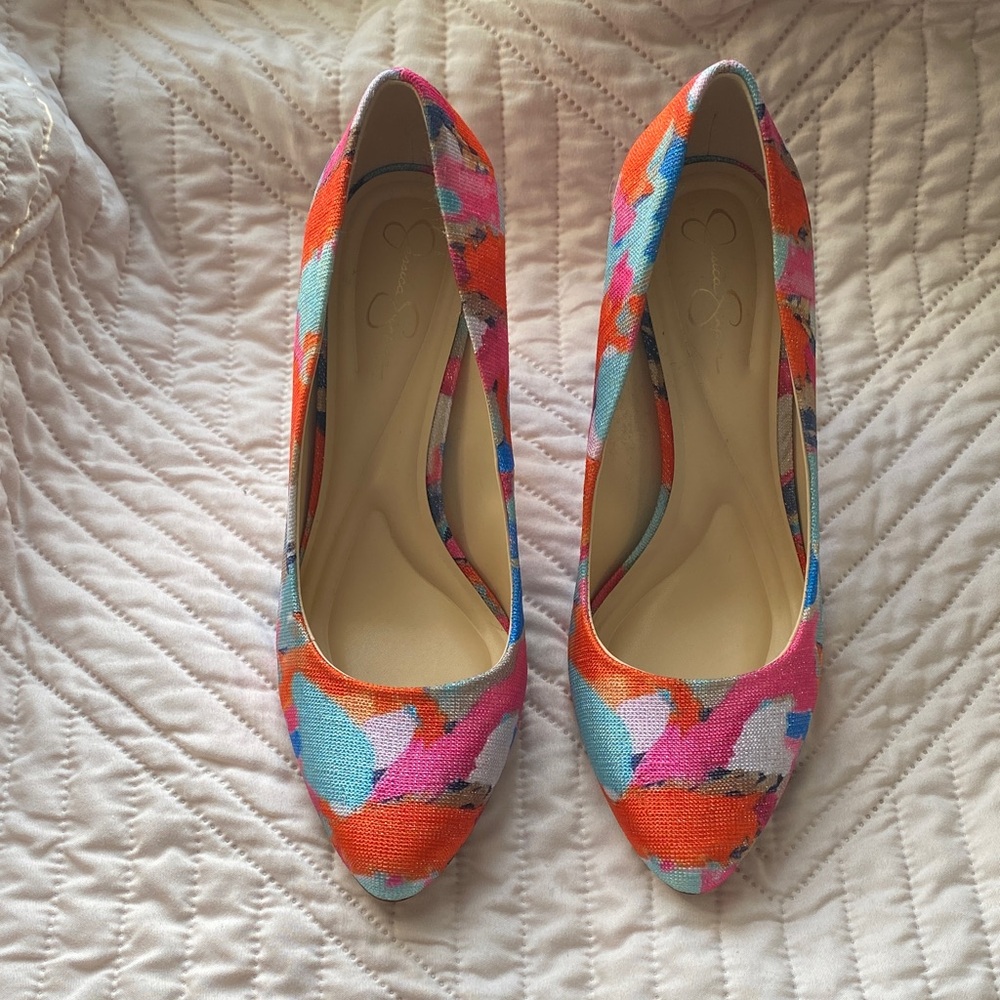 Jessica Simpson Watercolor Print Pumps in Orange Pink Blue